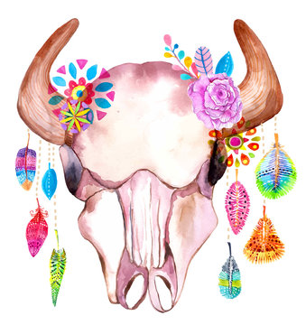 Watercolor bull skull with flowers and feathers