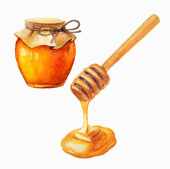 Watercolor Honey jar and honey stick - 86440452
