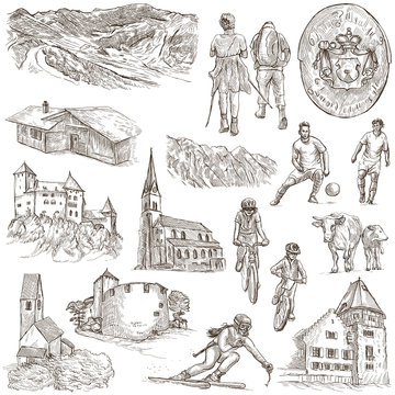 Travel - Liechtenstein. Full sized hand drawings on white.