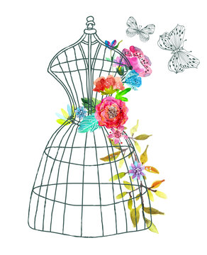 Doodle mannequin with watercolor flowers and butterfly