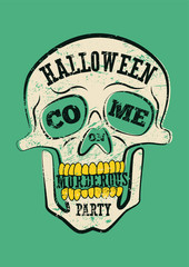 Typographic retro grunge Halloween poster with skull. Vector illustration.