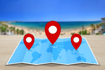 Pin map icon on a blue map