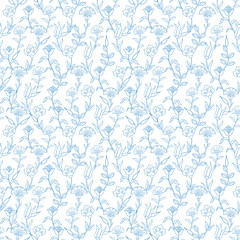 Vector Blue Turkish Lineart Floral Seamless Pattern