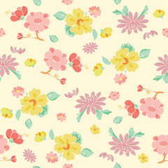 Vector Painterly Pink Yellow Kimono Flowers Seamless Pattern