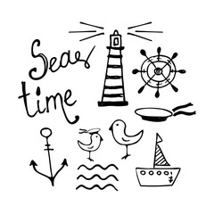 Naklejka premium Sea and Boat Hand-drawn Doodles