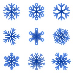 Set of blue snowflakes on a white background 