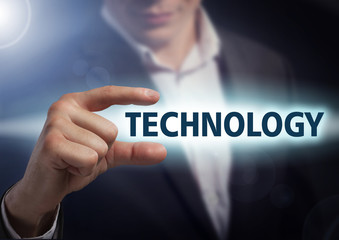 Businessman presses button technology on virtual screens. Busine