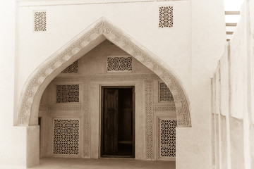 The entrance to a room in the restored Isa bin Ali house in Muharraq, Bahrain shows elaborate...