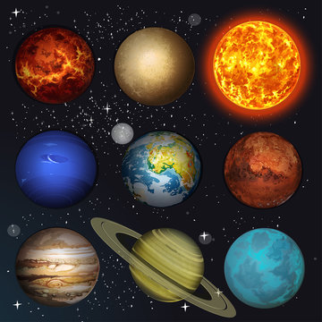 Vector illustration planets Solar system and sun on stars backgr