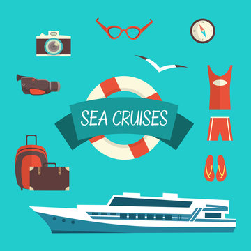 Tourism concept image sea vacation flat vector icons with ship