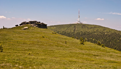 Petrovy kameny rocks and Praded hill in Hruby Jesenik mountains