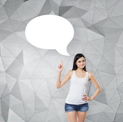 Brunette lady is pointing out the empty thought bubble. Contemporary background.