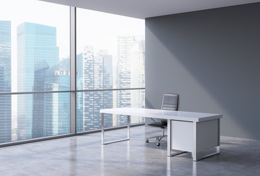 A workplace in a modern corner panoramic office in Singapore. A concept of financial consulting services. 3D rendering.