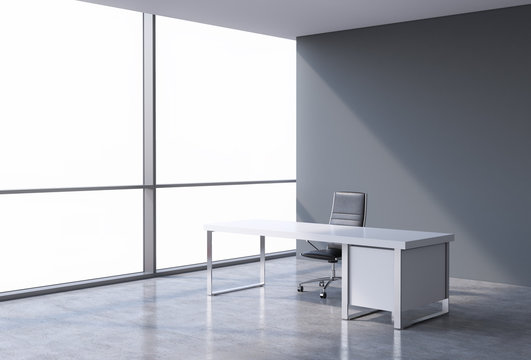 A workplace in a modern corner panoramic office, copy space on windows. A concept of financial consulting services. 3D rendering.
