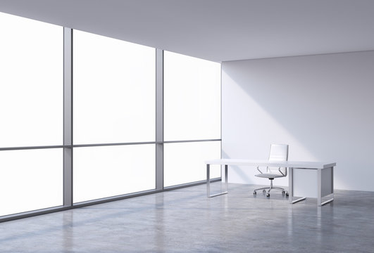 A workplace in a modern corner panoramic office, copy space on windows. A white leather chair and a white table. A concept of financial consulting services. 3D rendering.