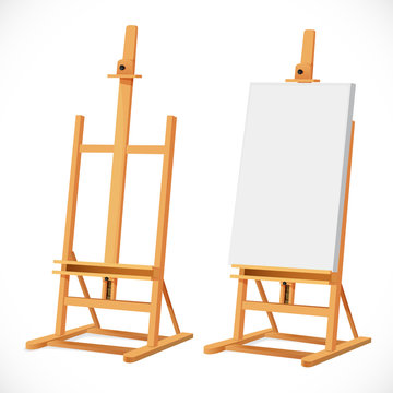 Blank art board on wooden easel isolated on white background