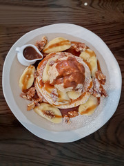 Banana Pancakes. Butterscotch, House made peanut butter ice cream
