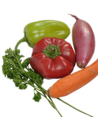 Fresh vegetables: green and red pepper, carrot, cabbage, onion and cauliflower.