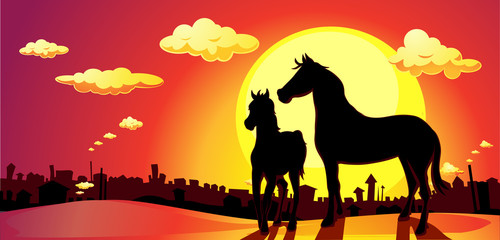 banner horses in SUNSET above the city - vector illustration