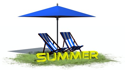 summer lettering with deck chairs and umbrella - separated on white background