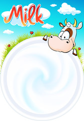 Fototapeta premium funny design with cute cow is looking into a cup of milk - vector