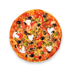 Delicious vegetarian pizza with tomatoes, mushrooms and olives