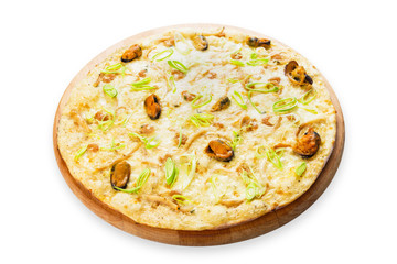 Delicious seafood pizza with olives