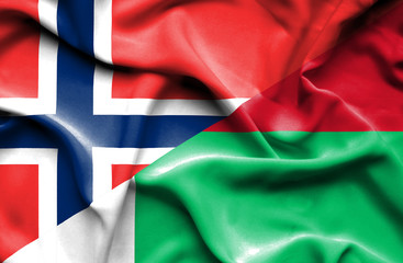 Waving flag of Madagascar and Norway