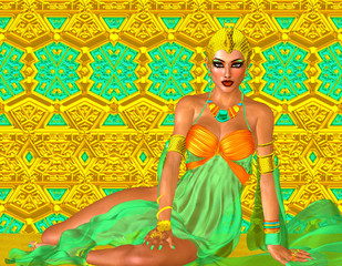Egyptian queen adorned with gold and turquoise jewelry. A colorful outfit, matching cosmetics and background all come together to complete this Egyptian digital art fantasy scene.