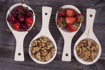 Tasty breakfast. Strawberries, cherries and cereal