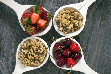 Tasty breakfast. Strawberries, cherries and cereal