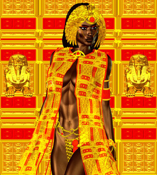 Black Egyptian princess in our modern digital art style, close up. The beauty, power and wealth of Egypt are captured in this Egyptian digital art fantasy image against a colorful abstract background