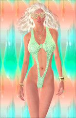 A blonde girl in a sea foam green bathing suit and sunglasses stands in front of a colorful abstract background. A great digital art image for vacation, cruise or Summer themes.
