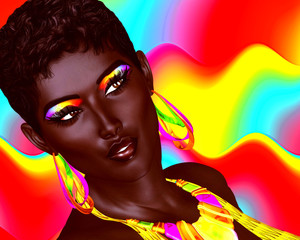 Fototapeta na wymiar Beautiful Black Woman with colorful make up and a wavy Summer fun background. Large colorful hoop earrings and matching eyeshadow complete this beauty and fashion look. 