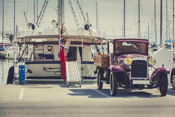 Classic vintage car at port.