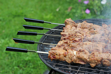 Pork barbecue or kebab on the metal sticks, selective focus