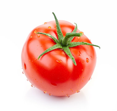 fresh red tomato with water drops isolated on white background