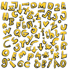 doodle english letters and numbers, alphabets, background, texture, pattern