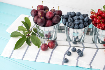Plums, red currants and blueberries in small metal bucket