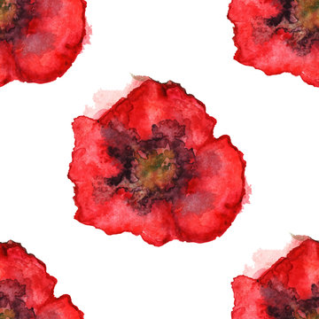 Watercolor red poppy vector seamless pattern background