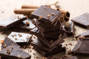 Chocolate and chips, selective focus