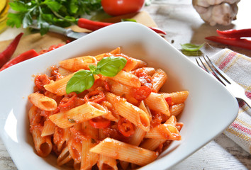 Penne pasta with chili sauce arrabiata