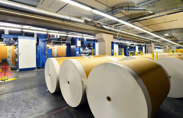 Lagerung von Papierrollen in einer Druckerei für Tageszeitungen, im Hintergrund Druckmaschinen //...