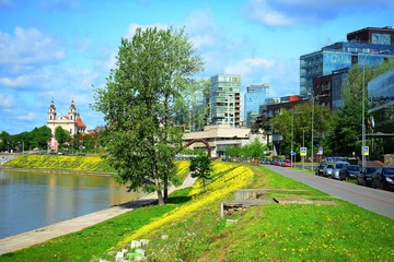 Neris river and city view on spring