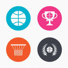 Basketball icons. Ball with basket and cup symbols.