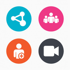 Group of people and share icons. Video camera.