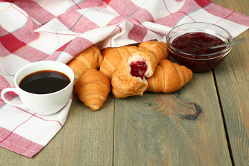 Breakfast, croissants with jam and coffee