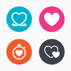 Heart ribbon icon. Timer stopwatch symbol.