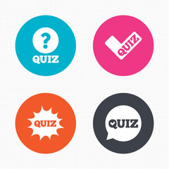 Quiz icons. Speech bubble with check mark symbol