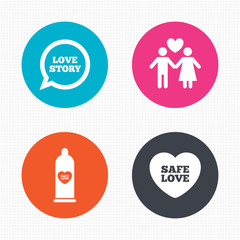 Condom safe sex icons. Lovers couple sign.